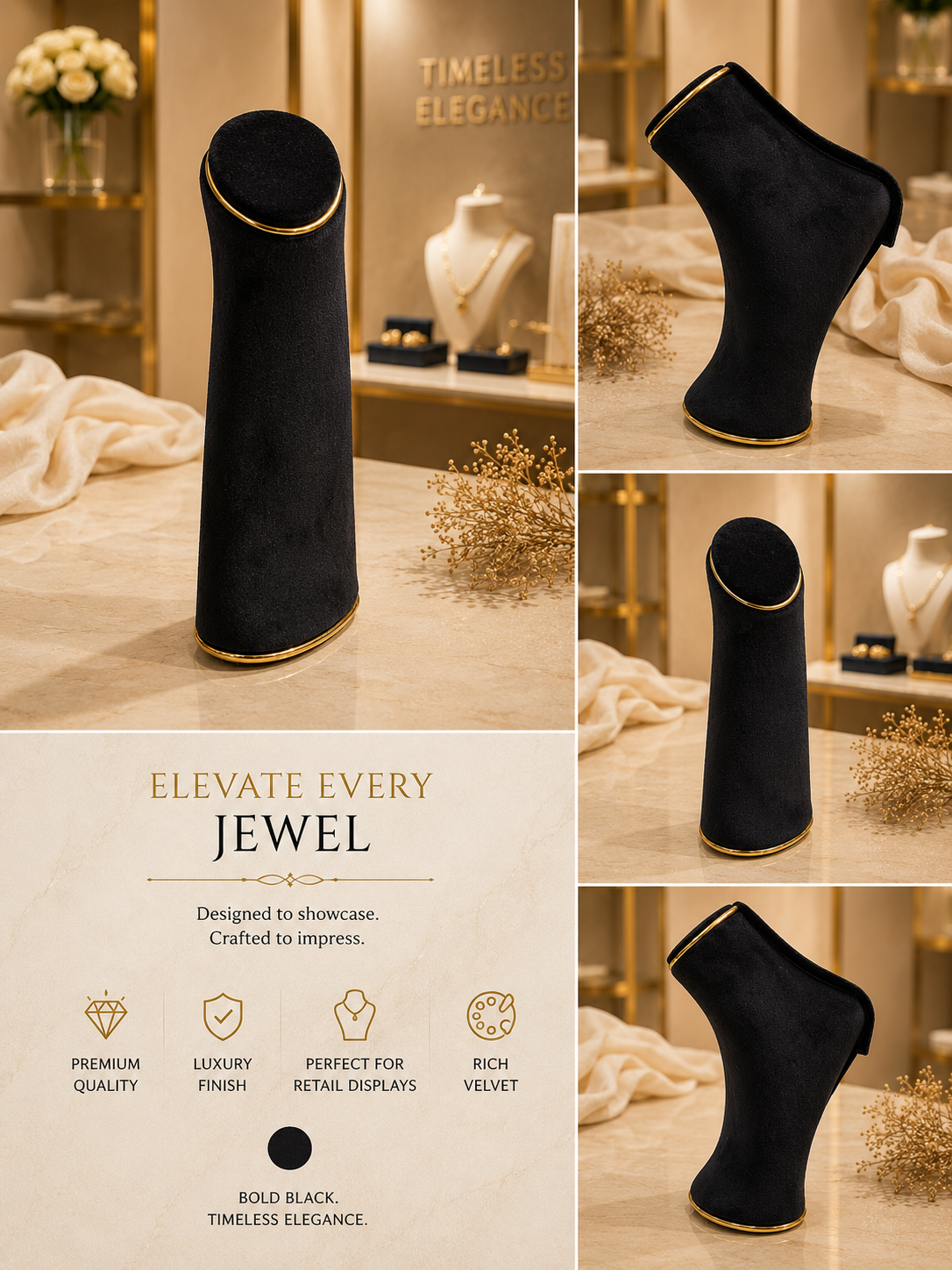 Premium Velvet Foot Jewellery Display Stand with Gold Trim – Black | 9.25 Inch Anklet & Payal Display